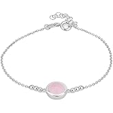 Vanbelle Sterling Silver Jewelry - Rhodium Plated with 925 Stamp - Round Charm Bracelet with Natural Rose Quartz Stone - Beautifully Handcrafted for Women - 6.5" Long + 1" Extender