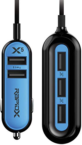 RapidX X5 Car Charger with 5 USB Ports for iPhone and Android Blue