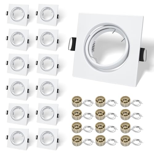 LteelDay 12 x LED Recessed Frames with GU10 Lampholders, Square White Matt in Metal, Cutout 68-80 mm, Rotatable 30°, Incl. GU10 Lamp Holder for LED or Halogen Bulbs