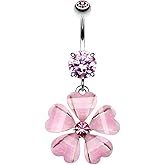 Pierced Owl 14GA Stainless Steel CZ Crystal Hawaiian Flower Dangling Belly Button Ring