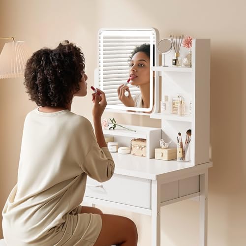 Makeup Vanity Desk with Mirror and Lights, Small Vanity with Fabric Storage Drawer & Side Table & Shelves, White Compact Makeup Vanity for Bedroom