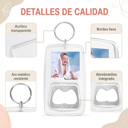 Llavero Destapador de Cerveza 50 Piezas, Destapadores para Recuerdos con Marco Acrílico para Foto 3.2 x 3.2 cm, Abridor de Botellas para Boda, XV Años, Bautizo, Cumpleaños, Fiestas y Eventos