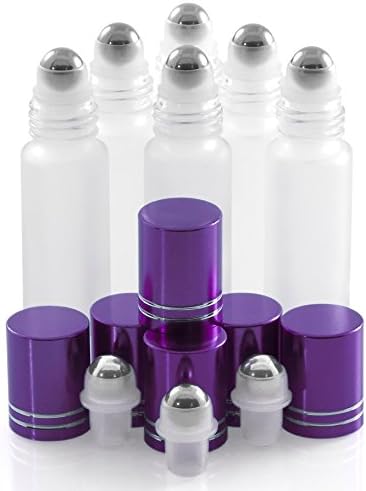 Aster Essentials Glass Roller Bottles with Metal, Stainless Steel Roll Balls. 10ml, 1/3oz Essential Oil Roll on Bottles are perfect for Aromatherapy, Perfume, & Lip Gloss-6 pack with 3 extra balls.