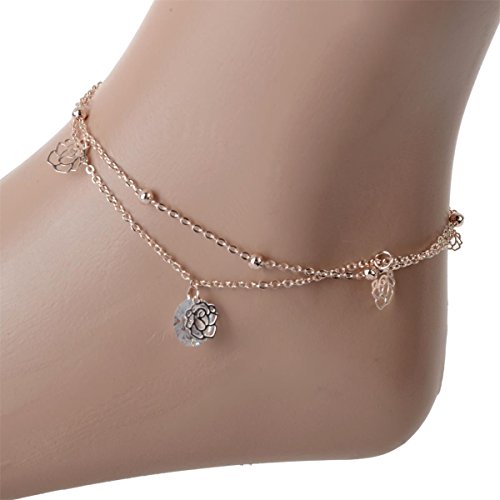 UdobuySexy Gold Double Chain Rose Crystal Anklet Bracelet Ankle Foot Jewelry Barefoot Beach Anklet