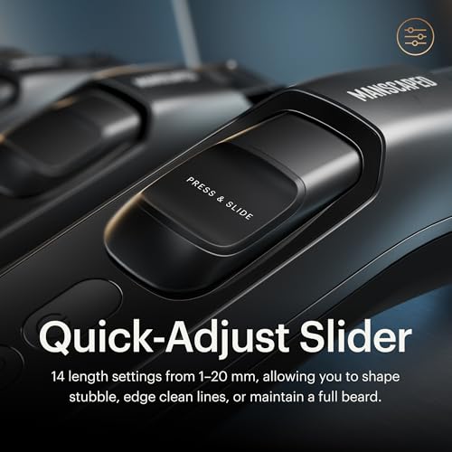 MANSCAPED® The Beard Hedger® PLUS, Men's Adjustable Beard & Mustache Trimmer with 14 Length Settings (1–20mm), Stainless Steel Blade, Waterproof Cordless Grooming, Travel Lock, USB-C Rechargeable