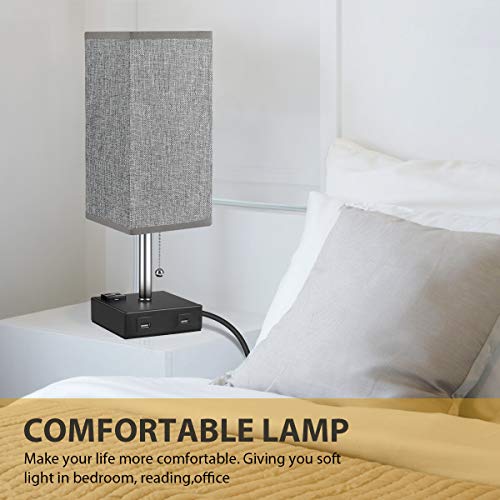 USB Table Lamp, MOICO Bedside Nightstand Lamp Square Fabric Shade with 2 USB Charging Port and 3-Prong AC Outlets, Modern Design Desk Lamps for Bedroom, Living Room, Kids Room, College Dorm, Bookcase - Thumbnail 3