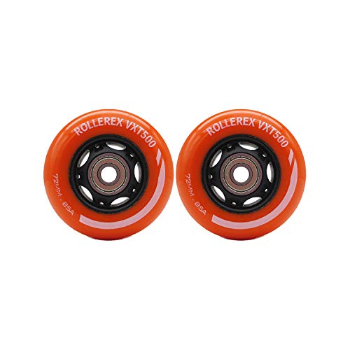 Rollerex Inline Skate/Rollerblade Wheels VXT500 80mm (8-Pack or 2-Pack or 2 Wheels w/Bearings, Spacers and Washers) (72mm Sunrise Orange (2 Wheels w/Bearings, spacers and washers))