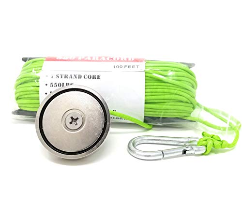 Magnet Fishing Kit "THE GREEN GRABBER" Fully Assembled Super Strong Magnet neodymium Premium 350 lbs force with factory locked eye bolt threads 100 ft of 550 Paracord and Snap Clip for safe attachment