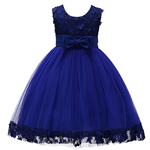 IBTOM CASTLE 2-10T Big Little Girl Ball Gown Short Lace Flower Tulle Dresses for Wedding Party Evening Dance Royal Blue 4T