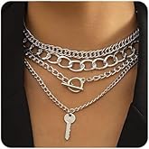 Octwine Boho 4 Tier Key Layered Necklaces for Women Multilayer Adjustable Dainty Simple Punk Chain Gold Silver Layered Choker Necklaces for Women (Silver)