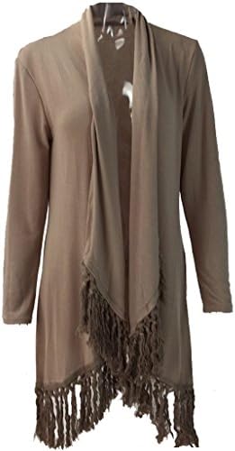 VINCINEY Women's Tassle Hem Irregular Long Sleeve Open Front Sweater Cardigan Coat with Fringe XL Khaki