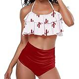 Women Swimsuit Two Piece Retro Off Shoulder High Waisted Ruffled Flounce Print Cut Out Bikini Set