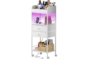 YILQQPER Makeup Organizer with LED Light&Charging Station, Make Up Skincare Organizers and Storage with Drawers, Vanity Cosmetics Display Cases Holder for Skin Care Nail Perfume Hair, White