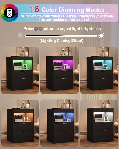 Yusong LED Nightstand Bedside Table with Charging Station 2 Drawers, Black Modern Sofa Couch End Side Table with LED Lights and Pull-Out Shelf for Bedroom Living Room, Wooden