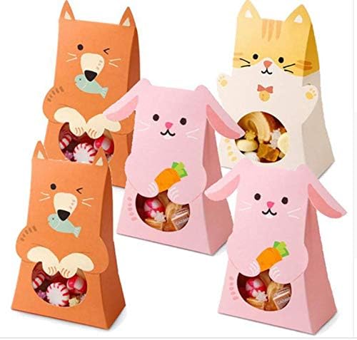 12Pcs Cat Rabbit Bear Animal Gift Paper Bag Cookie Candy Snack Chocolate Box Handle Treat Bag Party Favor