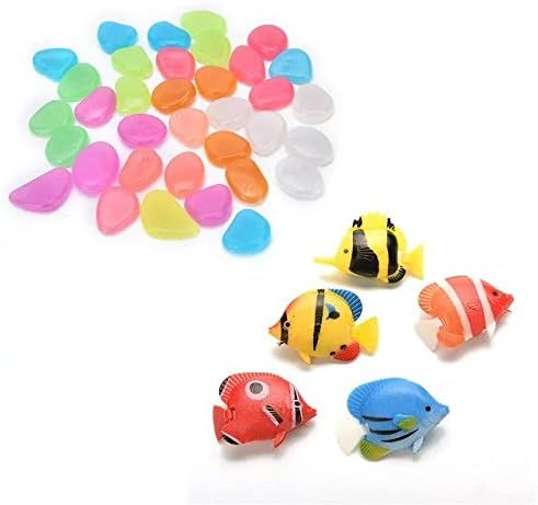 Great Deal Store 5Pcs Artificial Tropical Fish Floating Aquarium Fish Tank Decor with 50Pcs Glow In The Dark Stones Rock Ornaments ,Color Randomly
