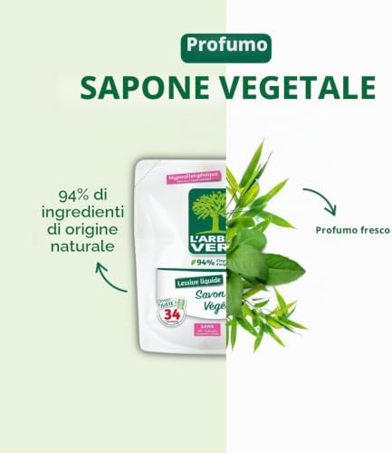 L'albero verde, ricarica lavanderia, 1,5 l, sapone vegetale, 33 lavaggi, confezione da 1,5 l