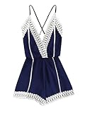 Romwe Women's V Neck Lace Trim Criss Cross Open Back Mid Waist Cami Romper Jumpsuit