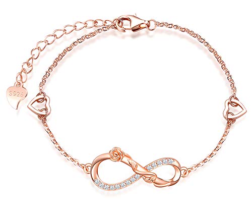 MicLee Woman's girl's Bracelet, 925 Sterling Silver bracelet, Rose flower and infinity symbol bracelet, with mini hollow heart, Inlaid zircon, adjustable chain, design of flower bracelet