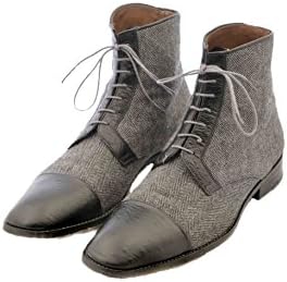Ustabas Shoes Handmade Black and Grey Fabric Lace Up Men Boots