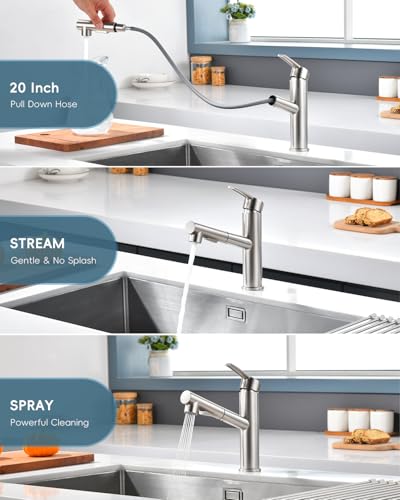 APPASO Kitchen Faucet, Brushed Nickel Kitchen Mixer Tap with Pull Down Sprayer 2 Modes, Single Handle Low Arch Bar Sink Faucet 1 Hole, S304 Stainless Steel No Rust