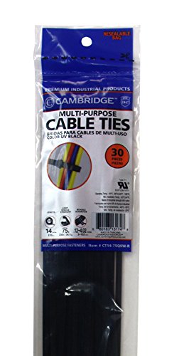 Cambridge Cable Ties Zip Ties 14 Inch 75 Lb Standard Duty 30 Pieces UV Black UL Listed Contractor Quality Industrial Strength