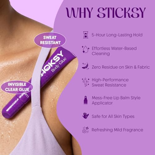 Aspiro Natural STICKSY Body Glue to Stick Clothes on Skin | 5-Hour Sweat-Proof Hold | Dermatologist Tested, Skin-Safe Adhesive | Invisible Clear Glue | Residue Free Fashion Tape Alternative