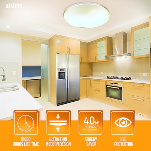 Aishini Modern 40w, White Only - 6500K White LED Ceiling Lights <2500 Lumen, Long Life 15000 Hrs Round Shape Flush Mount (37.5cm) Flat Ceiling Lights for Bedroom, Dining, Closet, Laundry, Bathroom