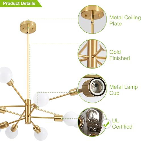 Deyidn - Lámpara de araña moderna dorada de mediados de siglo, 10 luces E26 para sala de estar, cocina, dormitorio, comedor y granja