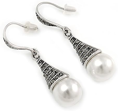 Marcasite Hematite Crystal Faux Pearl Drop Earrings In Silver Tone - 45mm L, dark grey, silver, white / ivory - Image 4