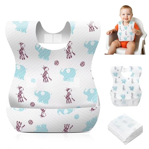 YESIMOM Disposable Bibs 30 Pieces with Feeding Pocket - Disposable Bib Waterproof and Breathable, Ultra Lightweight, Adjustable, Ideal for Babies and Children for Home, Travel and Nursery