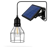 NING ZE XIN Vintage Hanging Metal Cage Outdoor Solar Powered Pendant Light E27 Industrial Edison Bulb 10Ft Cord Shed Light Black Mini Pendant Lamp With Changeable Solar Panel forGarden Yard Patio Home