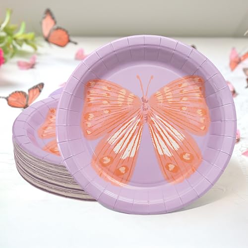 Cheerland Garden Party Butterfly 24 Pcs Disposable Purple Paper Plates for Spring Woodland Themed Kids Birthday Celebration Party Tableware Supplies and Decorations 9 Inch