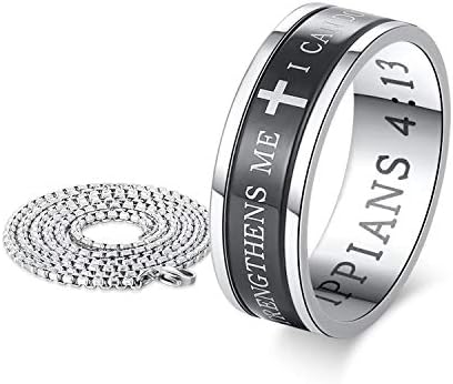 JHoly Men's Bible Verse Ring Pendant Religious Necklace I Can Do All Things Lord's Prayer Spinner Christian Ring Wedding Band Engraved Praying