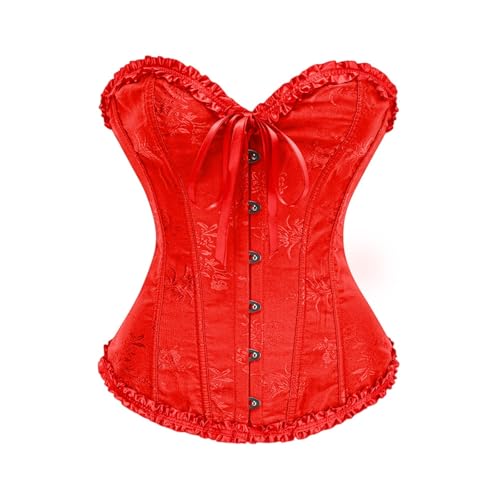 Corset Tops for Women, Bustier Shapewear Lingerie, Lace Waist Push Up Bodysuit Lingerie Floral Lace Up Ruffle Trim Waist Push Up Bodysuit Costume Red XS
