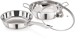Pristine Induction Compatible Stainless Steel Sandwich Base Cookware Set| Fry Pan & Kadai with Glass Lid 22cm/2L (3 Pieces, Silver)