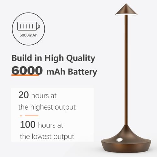 Hapfish Wireless Rechargeable LED Table Lamp, 6000 mAh Outdoor Touch Desk Light, Modern Design Metal Table Lamp, Waterproof, Dimmable, for Bedside, Interior, Patio, Restaurant (Brown)