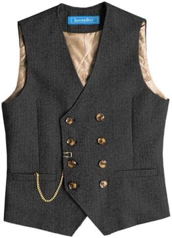 SevenBoy Men's Fashion Double-Breasted Dress Vest Formal Waistcoat