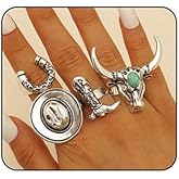 Fyvos 4Pcs Vintage Gold Cowgirl Hats Rings Cowhead Stackable Knuckle Rings Boho Turquoise Rings Set Western Boot Horseshoe Ring Set Country Concert Fashion Jewelry Accessories for Women