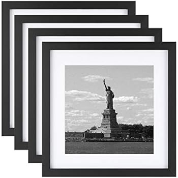 ONE WALL 11x11 Picture Frame Tempered Glass with Mats for 8x8 Photo, Set of 4, Black Wood Frame for Wall and Tabletop - Mounting Hardware Included