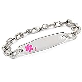 Medical ID Stainless Pink Ribbon Heart Bracelet - Lymphedema Alert No BP IV