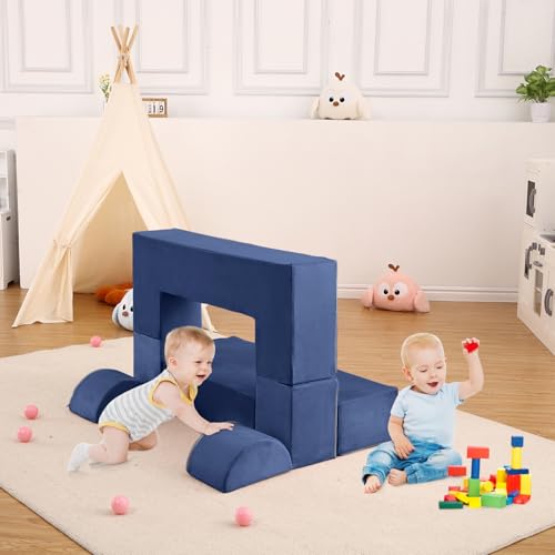 Garvee 6-Piece Modular Kids Play Couch, Convertible Toddler Foam Sofa Set with Removable Washable Cover, Soft Polyester Velvet Stackable Children's Furniture for Playroom Bedroom Indoor Playground