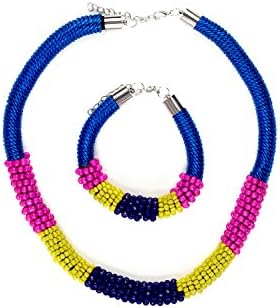 Beaded Rope Necklace And Bracelet Set Chain Extender Statement Jewelry For Women (blue, pink, yellow)