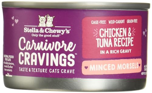 STELLA & CHEWY’S CARNIVORE CRAVINGS MINCED MORSELS CANS – GRAIN FREE, PROTEIN RICH WET CAT FOOD – CAGE-FREE CHICKEN & WILD-CAUGHT TUNA RECIPE – (2.8 OUNCE CANS, CASE OF 12)