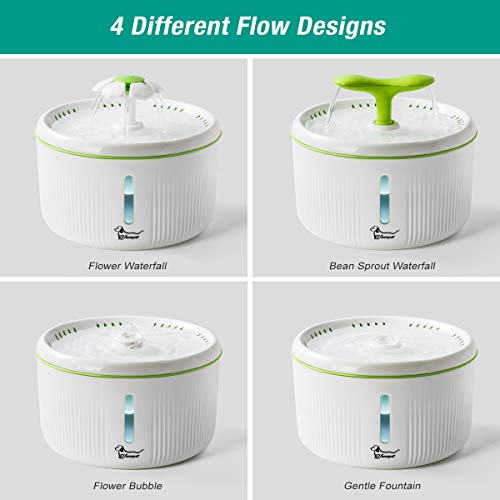 Cat Water Fountain with Water Level Window & LED Light,Flower Pet Drinking Dispenser with 2 Tops,2L Automatic Silent Dog Water Dispenser Feeder Bowl with 2 Replacement Filters for Cat Dog Bird - Thumbnail 4