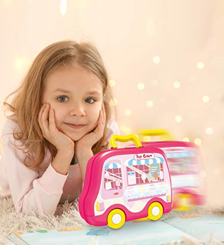 Mozlly Ice Cream Dessert Truck Pretend Food Carrying Playset, Fake Ice Cream Cones Donuts Little Heart Cookies Utensils Kitchen Make & Serve Toys for Kids Toddlers, Colors May Vary