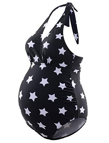 Maternity Bikinis Tankini Halter Swimsuit One Piece Pregnant Beachwear Black with White Stars L