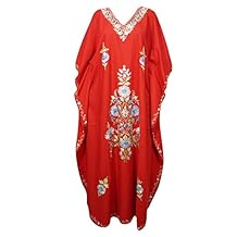 Mogul Interior Womens Caftan Maxi Dress Red Embroidered Resort Wear Kaftan One Size