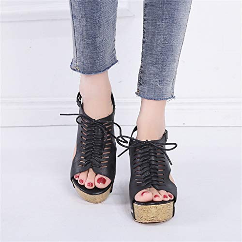 Womens Peep Toe Sandals, Wedges Platforms Shoes Beach Breathable Sandals Rome Elastic Strap Casual Slippers (9.5 B(M) US, Black)