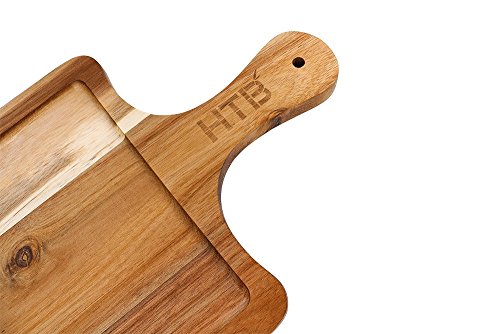 Rectangular Paddle Board LUCK EVERYONE Carved 100% Natural Acacia Wood, 16.5 x 8.7 IN Wooden Cutting Board, Serving Board With Handle For Bread Cheese Steak By HTB